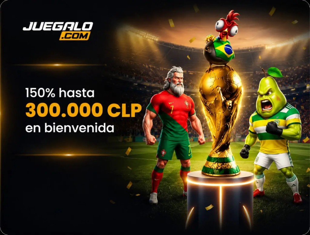 Bono de bienvenida Juegalo: 150% hasta 300.000 CLP en bienvenida. Estadio, trofeo y personajes.